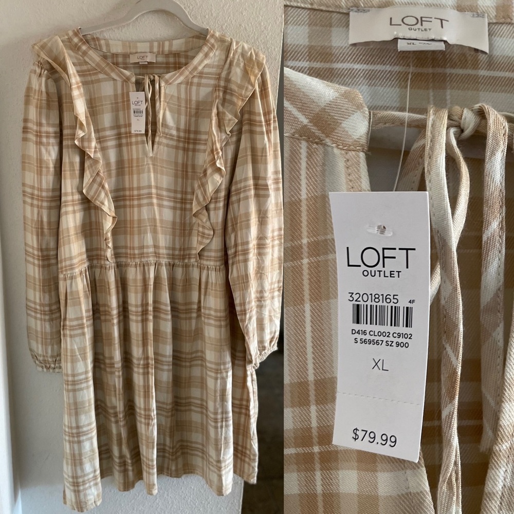 NWT Loft prairie peasant cottage dress beige white plaid long sleeve